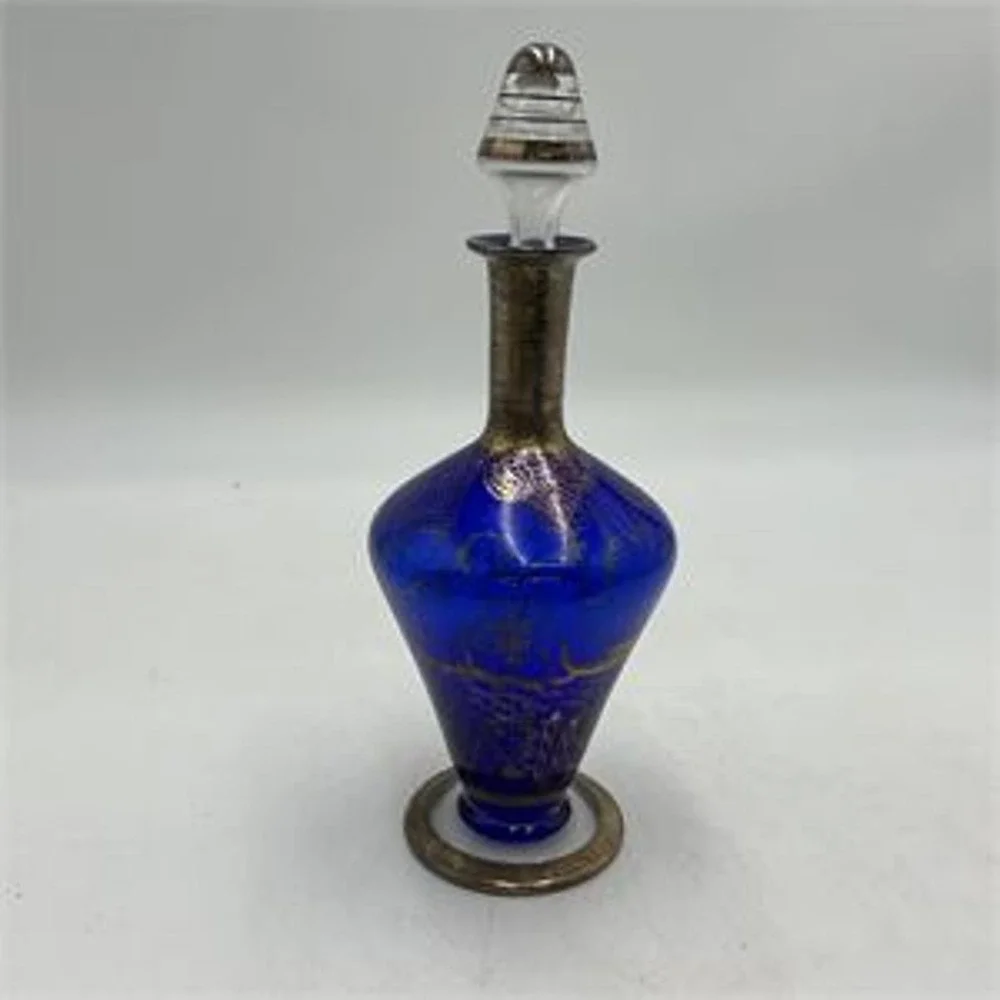 Vintage Cobalt Blue Glass Decanter Silver Overlay Venetian Gondola & Stopper